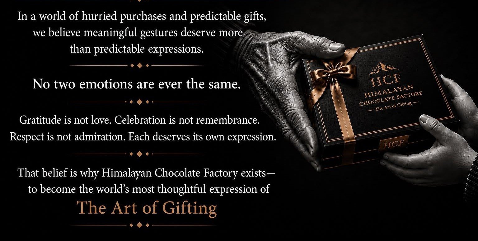 Black leather gloved hands holding premium HCF Himalayan Chocolate Factory Nainital gift box with copper ribbon bow - The Art of Gifting